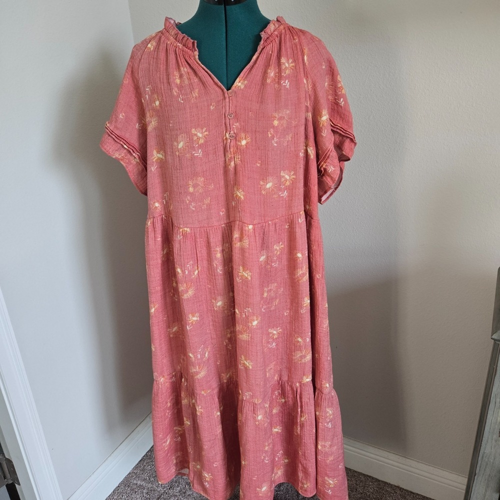 Wonderly Midi Dress Womens 2X Coral Floral Ruffle Cottagecore Tiered V-Neck
